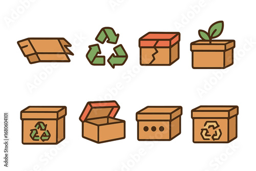 Shoebox Recycling Icons. Flat vector mini-illustrations shoebox recycling in colors children's illustrations: shoebox flattened,