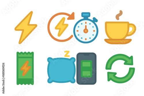 Quick Recharge Icons. Flat vector mini-illustrations quick recharge in colors children's illustrations: lightning bolt, fast