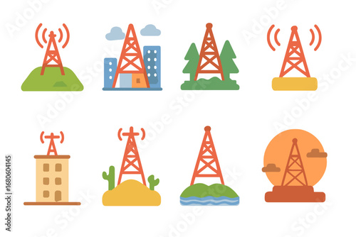 Radio Tower Environments. Flat vector mini-illustrations radio tower environments in colors children's illustrations: hilltop