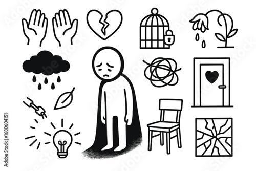 Silent Suffering Icons. Hand-drawn doodle illustration silent suffering shadow figure, empty hands, broken heart, cracked glass,