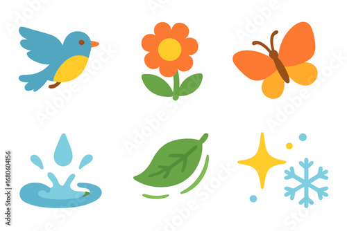 Nature Moments Icons. Flat vector mini-illustrations fleeting nature moments in colors children's illustrations: bird in flight,