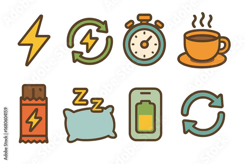 Quick Recharge Icons. Flat vector mini-illustrations quick recharge in colors children's illustrations: lightning bolt, fast