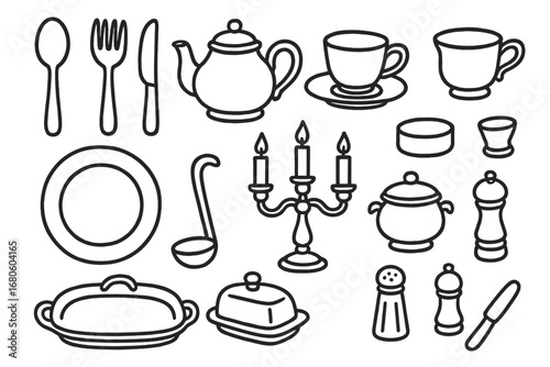 Silver Tableware Doodles. Hand-drawn doodle illustration silver tableware silver spoon, fork, knife, teapot, cup, plate,