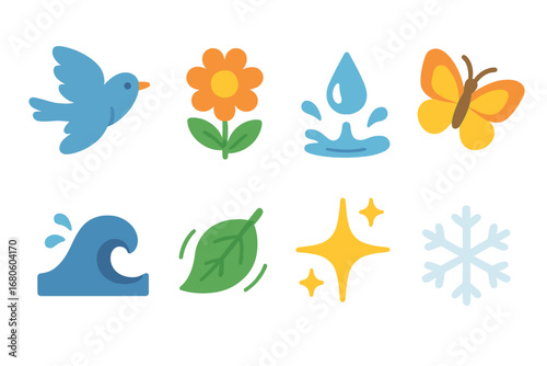Nature Moments Icons. Flat vector mini-illustrations fleeting nature moments in colors children's illustrations: bird in flight,