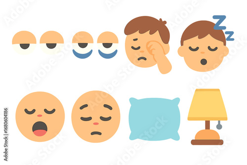 Sleepy Eyes Icons. Flat vector mini-illustrations tired eyes in colors children's illustrations: half-closed eyes, dark circles,
