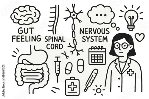 Nervous System Doodle. Hand-drawn doodle illustration gut feeling nervous system gut, brain, spinal cord, nerve, neurons, syringe,