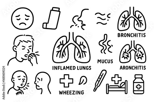 Respiratory Health Doodle. Hand-drawn doodle illustration respiratory disorders inflamed lungs, asthma inhaler, mucus icon,
