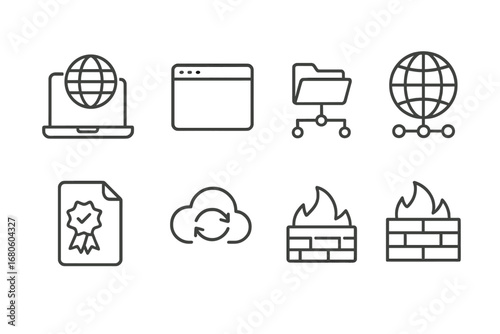 Network Protocol Icons. Outline icon set of network protocols: VPN, HTTP, FTP, TCP/IP, DNS, SSL certificate, cloud sync, firewall.