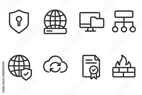 Network Protocol Icons. Outline icon set of network protocols: VPN, HTTP, FTP, TCP/IP, DNS, SSL certificate, cloud sync, firewall.