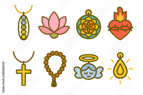 Spiritual Amulet Icons. Flat vector mini-illustrations spiritual amulets in colors children's illustrations: chakra pendant, lotus