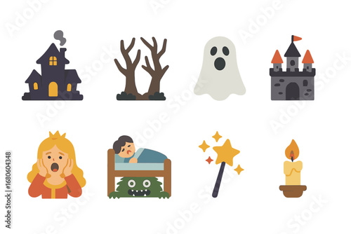 Spooky Story Icons. Flat vector mini-illustrations scream in stories and fairy tales in colors children's illustrations: haunted