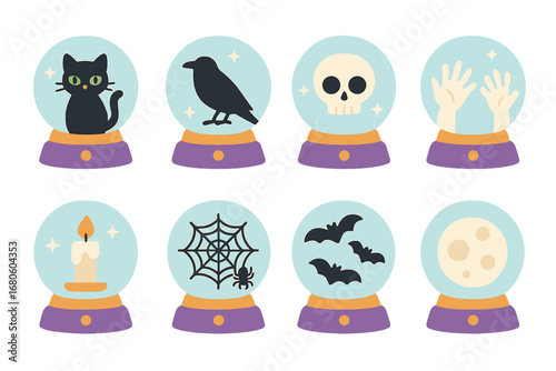 Spooky Crystal Ball Icons. Flat vector mini-illustrations spooky crystal ball in colors children's illustrations: crystal ball