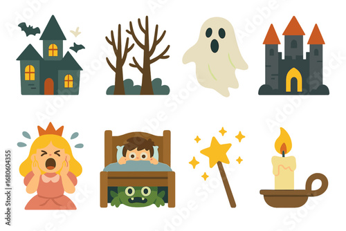 Spooky Story Icons. Flat vector mini-illustrations scream in stories and fairy tales in colors children's illustrations: haunted