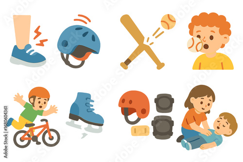 Sports Accidents Icons. Flat vector mini-illustrations sports accidents in colors children's illustrations: sprained ankle, helmet