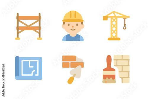Restoration Icons Grid. Flat vector mini-illustrations ruin restoration in colors children's illustrations: construction