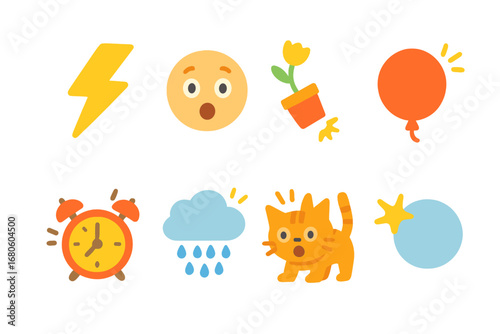 Sudden Surprises Icons. Flat vector mini-illustrations sudden in colors children's illustrations: lightning bolt, surprise face,