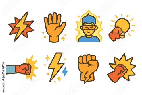 Superhero Power Icons. Flat vector mini-illustrations superhero power effects in colors children's illustrations: zap strike,