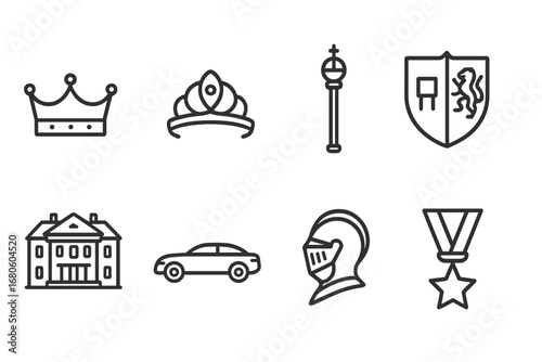 Nobility Symbol Icons. Outline icon set of modern nobility symbols: crown, tiara, scepter, coat of arms, mansion, luxury car,