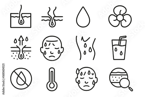 Sweat Glands Illustration. Hand-drawn doodle illustration sweat glands and cooling sweat glands, water icon, fan symbol, body heat