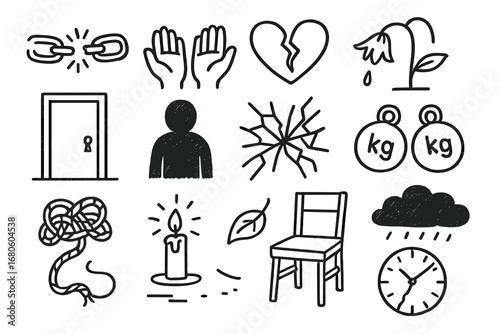 Symbolic Despair Icons. Hand-drawn doodle illustration helplessness broken chain, empty hands, cracked heart, wilting flower,
