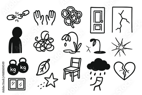 Symbolic Struggle Illustration. Hand-drawn doodle illustration helpless struggle broken chain, empty hands, tangled ropes, cracked