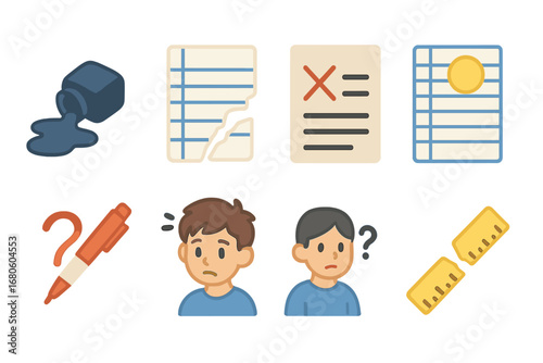 School Mistakes Icons. Flat vector mini-illustrations mistakes in school in colors children's illustrations: spilled ink, torn