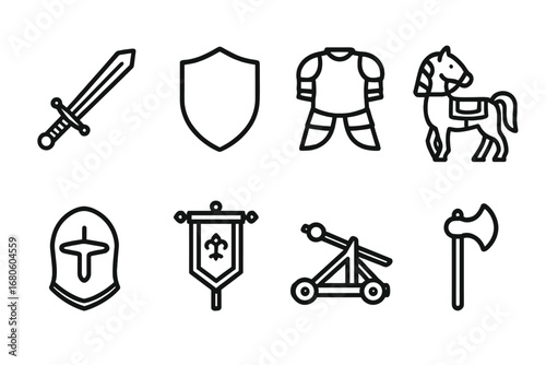 Noble House Icon Set. Outline icon set of noble house military: sword, shield, armor, war horse, helmet, banner, catapult, battle