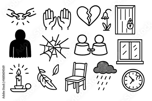 Symbolic Despair Icons. Hand-drawn doodle illustration helplessness broken chain, empty hands, cracked heart, wilting flower,