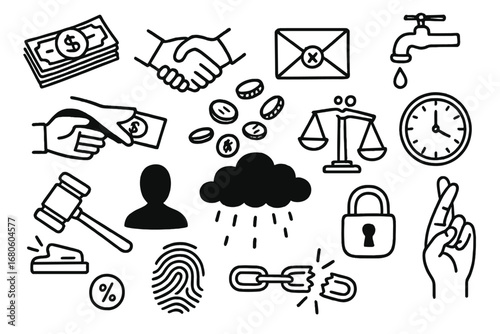 Symbols of Corruption. Hand-drawn doodle illustration financial corruption money bills, shaking hands, spilled coins, bribe hand,
