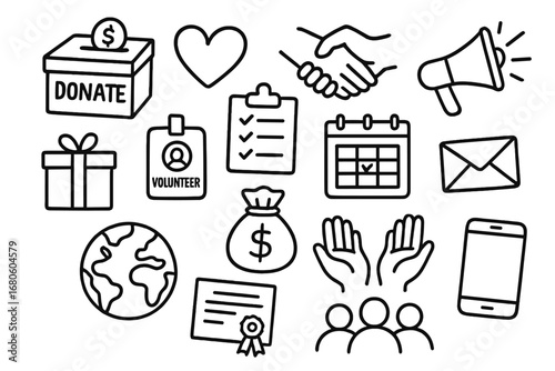 Non-Profit Support Icons. Hand-drawn doodle illustration Supporting a non-profit organization donation box, heart, handshake,