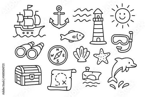 Ocean Adventure Doodles. Hand-drawn doodle illustration ocean explore ship, anchor, waves, lighthouse, binoculars, fish, shell,