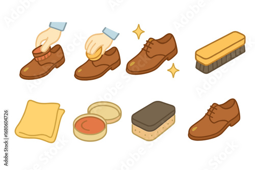 Shoe Care Icons. Flat vector mini-illustrations shoe polishing in colors children's illustrations: applying shoe cream, buffing