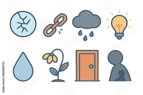 Symbols of Regret. Flat vector mini-illustrations regret symbols in colors children's illustrations: cracked glass, broken chain,