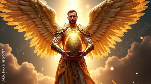 Angelic man with golden wings holding a precious golden egg, symbolizing prosperity and new life for Easter holiday.