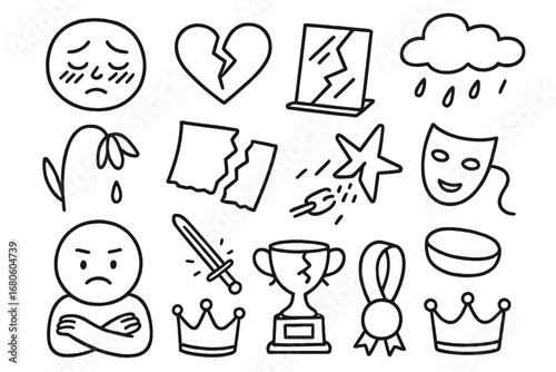 Symbols of Regret. Hand-drawn doodle illustration shame and regret blushing face, broken heart, cracked mirror, wilted flower,