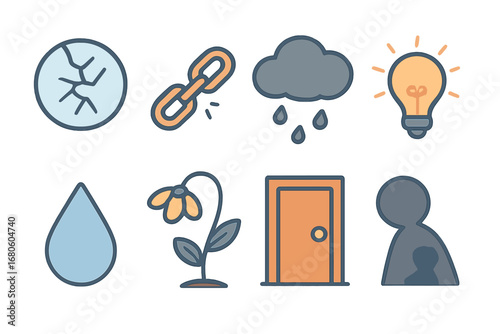 Symbols of Regret. Flat vector mini-illustrations regret symbols in colors children's illustrations: cracked glass, broken chain,