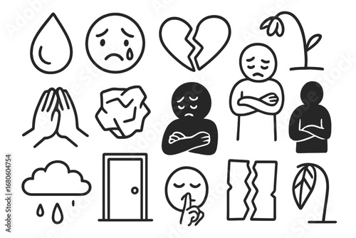 Symbols of Sadness. Hand-drawn doodle illustration regret tear drop, sad face, broken heart, wilted flower, folded hands, crumpled