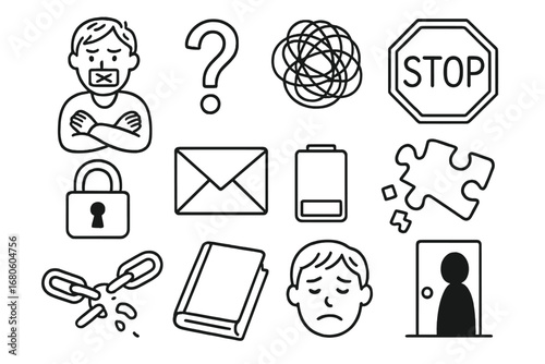 Symbols of Silence. Hand-drawn doodle illustration communication inability muted lips, crossed arms, silence symbol, locked mouth,