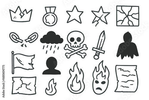 Symbols of Ruin. Hand-drawn doodle illustration infamy broken crown, cracked medal, fallen star, shattered glass, broken chain,