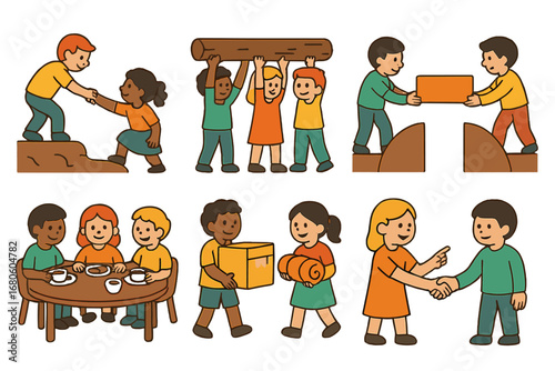 Teamwork and Unity Icons. Flat vector mini-illustrations hardship and teamwork in colors children's illustrations: group helping,