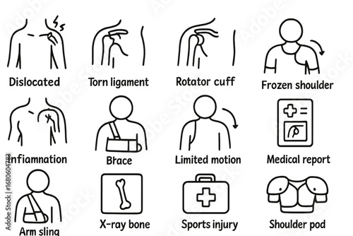 Shoulder Injury Icons. Hand-drawn doodle illustration shoulder injuries dislocated shoulder, torn ligament, rotator cuff tear,