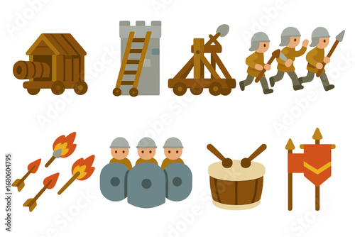 Siege Equipment Icons. Flat vector mini-illustrations battlements siege scenes in colors children's illustrations: battering ram,