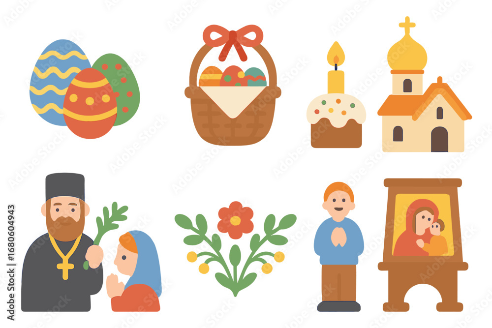 Fototapeta premium Orthodox Easter Icons. Flat vector mini-illustrations Orthodox Easter in colors children's illustrations: painted eggs, Easter