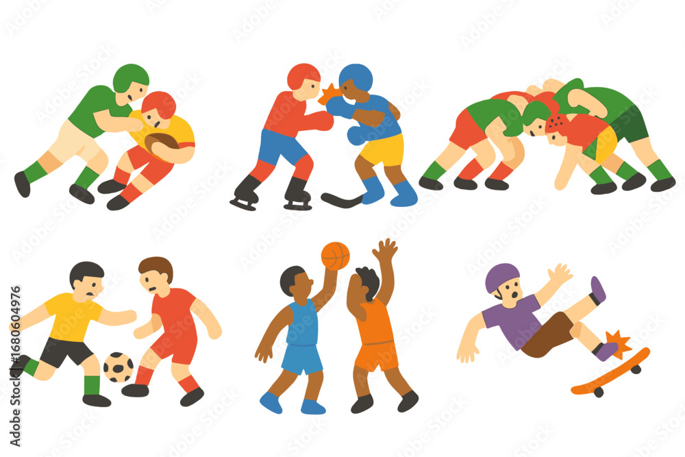 Fototapeta premium Sports Action Icons. Flat vector mini-illustrations sports collisions in colors children's illustrations: football tackle, hockey