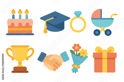 Special Moments Icons. Flat vector mini-illustrations special moments in colors children's illustrations: birthday cake,
