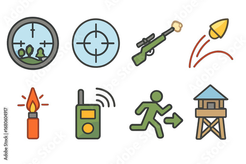 Sniper Tactics Icons. Flat vector mini-illustrations sniper tactics in colors children's illustrations: scope view, crosshairs,