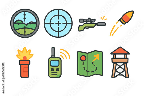 Sniper Tactics Icons. Flat vector mini-illustrations sniper tactics in colors children's illustrations: scope view, crosshairs,