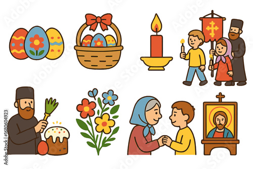 Orthodox Easter Icons. Flat vector mini-illustrations Orthodox Easter in colors children's illustrations: painted eggs, Easter
