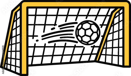 Dynamic vector icon of a soccer ball scoring a goal, flying into the net of a yellow goalpost on a white background