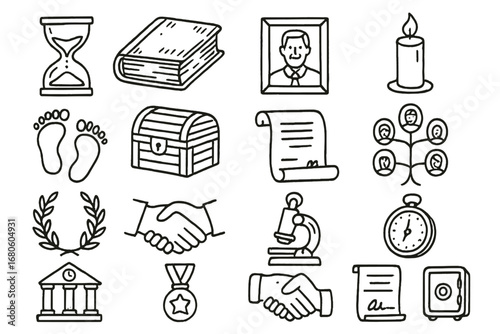 Timeless Legacy Icons. Hand-drawn doodle illustration legacy and memory hourglass, old book, photo frame, candle, monument,